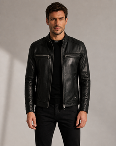 Veste d'hiver matelassée en cuir véritable de mouton pour homme, coupe-vent, à capuche, fermeture éclair frontale, col montant, doublure en coton, design optimal - Product Image 2