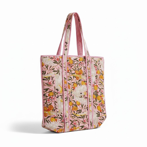Quilted Cotton <b>Tote</b> <b>Bag</b> for Women-Hand Block Print Red Stripe Heart <b>Waterproof</b> Animal Print <b>with</b> Embroidery and <b>Zipper</b> Closure - Product Image 1