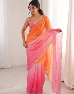 Sari de Diseño KV Satin Orange con Adornos y Blusa sin Coser - Product Image 6