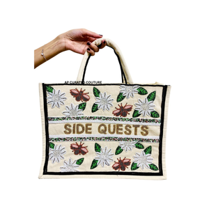 Hand Embroidered <b>Canvas</b> <b>Tote</b> Bag with Serene Bohemian Floral Beaded Design Open Top Summer Beach Handbag customized bags - Product Image 4