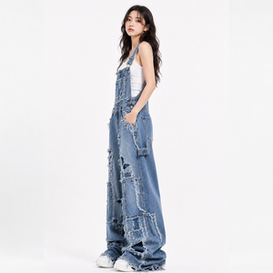 Women's Corduroy Overalls High Waist Regular Fit Full Length Ripped Patchwork <b>Wide</b> <b>Leg</b> Street Wear <b>Casual</b> Vintage <b>Jumpsuit</b> 100% - Product Image 4