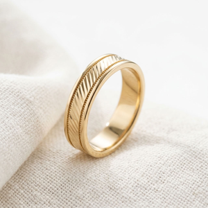 Bague de mariage en or 18 carats, style vintage, avec bande rainurée et bord perlé, bijoux de mariage pour homme et femme - Product Image 3