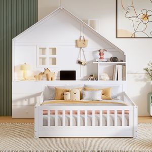 Letto per bambini bianco a grandezza naturale con finestra, cassetti laterali, ripiani e set di prese USB - Product Image 2