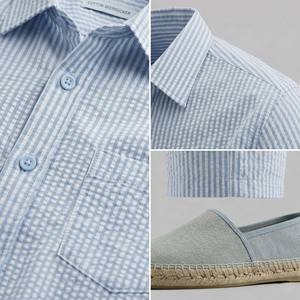 Ensemble coordonné d'été personnalisé pour homme en seersucker, chemise à manches courtes rayée bleu clair et short, ensemble 2 pièces respirant pour la plage - Product Image 3