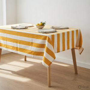 Mantel a Rayas, Amarillo y Blanco, Rectangular, Cubierta de Mesa de Algodón para Comedor - Product Image 1