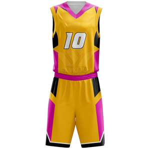 Ensemble de maillot de basket-ball personnalisé imprimé jaune rose noir respirant, col en V, sans manches, sublimé, uniforme d'équipe adulte avec short - Product Image 4