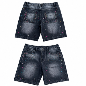 SHH INDUSTRIES Short en jean personnalisé pour homme, respirant, taille mi-haute, orné de strass et de boutons, avec ceinture florale en cristal, OEM ODM - Product Image 5