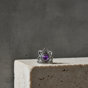 Violet Aura Amethyst Lotus Crown <b>Ring</b> Brass Silver Plated Bezel Setting Bohemia Style Handmade Unisex Jewelry - Product Image 4