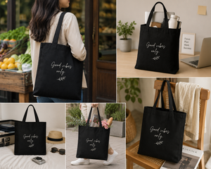 กระเป๋าผ้าแคนวาส Good Vibes Only ขนาดใหญ่ ใช้ได้ทุกวัน หูหิ้วยาว ลายตัวอักษร สีดำ - Product Image 4