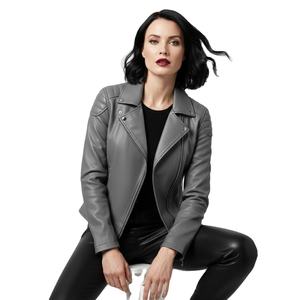 <b>Womens</b> Grey Leather Moto Wardrobe Custom Bulk Wholesale Factory Price Genuine Biker Style Fashion <b>Jacket</b> OEM ODM Service <b>Jacket</b> - Product Image 1
