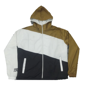 Coupe-vent unisexe à capuche avec fermeture éclair intégrale, panneaux color block géométriques blanc, noir, or, grande taille, imperméable, style urbain et extérieur - Product Image 1