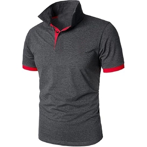 Camisa Casual para Hombre, Color Gris Oscuro Jaspeado, Manga Corta, Ribete Rojo, Cuello Alto, 100% Algodón, Tejido de Punto, Diseño Personalizado - Product Image 1