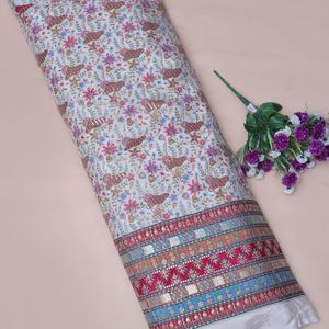 Tissu en crêpe floral brodé de sequins lourds couleur ivoire, 54 pouces, avec bordure Daman, pour Kurtis, tuniques, robes Anarkali, ensembles de costumes et Salwar - Product Image 3