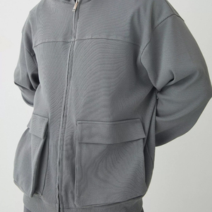 Men's Oversized <b>Hooded</b> <b>Zip</b>-Up Sweatshirt Solid Gray Knitted Cotton Casual Autumn Wear - Product Image 3