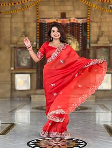 Indian Boutique <b>Red</b> Premium Exclusive Soft Tissue Embossed Saree Traditional Indian Bridal Wear Wedding Prom Party Wear Women - Product Image 3