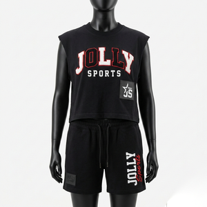 Ensemble haut et short sans manches en coton premium 300 GSM pour femme, noir, avec logo personnalisé imprimé, ensemble sportif pour femme - Product Image 4