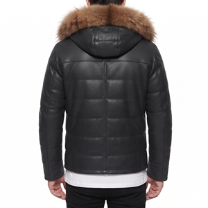 <b>Men's</b> Black PU Puffer Jacket With <b>Fur</b> <b>Hood</b> Windproof Winter <b>Coat</b> Casual Quilted Down Filled Regular Fit Zipper Closure - Product Image 4