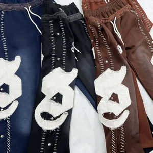 Sudadera con capucha vintage de lavado ácido con logo bordado de parche desgastado personalizado OEM, chándal de tela gruesa con pantalón acampanado - Product Image 6