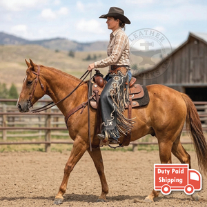Men's Western Leather Rodeo <b>Chaps</b> with Long Fringe, Floral Embroidery & Decorative Tooling Cowboy <b>Riding</b> <b>Chaps</b> for Horseback - Product Image 3