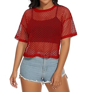 Camiseta de malla transparente sexy de moda, personalizable, informal, holgada, de encaje tejido, para mujer, camiseta de verano para la playa - Product Image 1