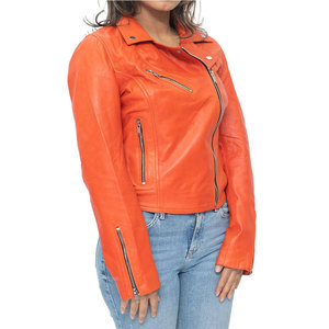 Chaqueta de Motociclista de Cuero Genuino Naranja para Mujer, Manga Larga, Cierre de Cremallera, Cuello Camisero, Estilo Otoñal - Product Image 3