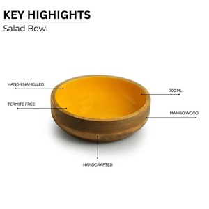 Bol à salade en bois d'acacia fait main, intérieur jaune, ustensiles de service assortis, résistant à la chaleur, design contemporain pour usage domestique - Product Image 2