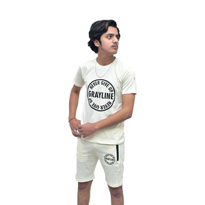 Customized Wholesale Summer Acid Wash Solid Men's 100% Cotton Lightweight T-Shirt Sweatshirt & Shorts Set with Screen Print - Product Image 2