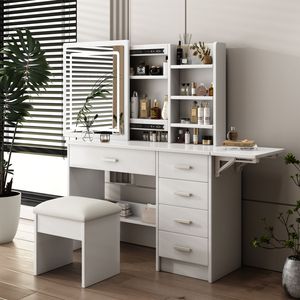 Alla moda bianco Vanity Desk 5 cassetti scaffali aperti 3 colori di illuminazione regolabile; Luminosità sedia specchio tavolo Set per il trucco - Product Image 3