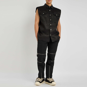 Chemise d'été décontractée pour homme, sans manches, en coton et lin, couleur unie, infroissable, tissée satinée - Product Image 2