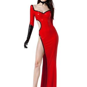 <b>Red</b> <b>Latex</b> Bodycon Maxi <b>Dress</b> With Sweetheart Neck Long Sleeve High Slit Party Wear - Product Image 4