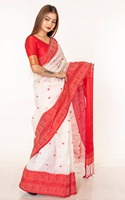 Saree Katun Putih Merah Bordir Tepi Tradisional Pakaian Pernikahan India Wanita Elastis Anti Kusut Menyerap Keringat Tahan Panas