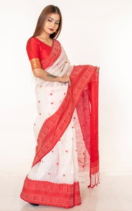 White <b>Red</b> Cotton <b>Saree</b> Embroidered Border Traditional Indian Wedding Wear Women Stretchable Wrinkle-Free Moisture Wicking Sun - Product Image 3