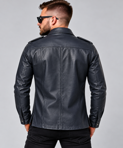 Veste chemise de terrain en cuir bleu marine premium pour homme, manches longues, quatre poches utilitaires sur le devant, épaulettes aux épaules, fermeture boutonnée, élégante - Product Image 3