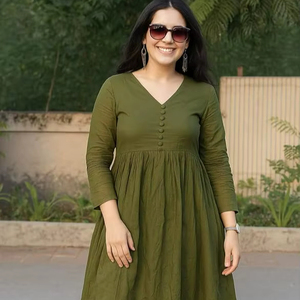 Conjunto de pantalón y kurta para mujer, estilo Anarkali, cuello en V, con detalles de botones, cintura imperio, informal, para oficina. - Product Image 1