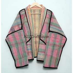 Veste à col roulé boutonnée vintage Kantha faite à la main, réversible, écologique, respirante, à séchage rapide, en coton pur pour femmes, printemps-hiver - Product Image 6
