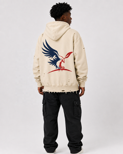 Sweat-shirt à capuche PEARIA pour homme, coupe classique, beige, déchiré, style streetwear décontracté, pull-over 100% coton molletonné uni - Product Image 2