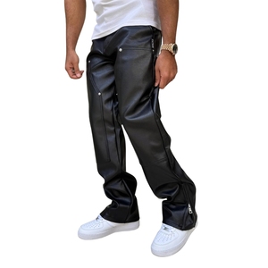 Pantalon de travail pour homme en cuir véritable noir, coupe droite, robuste, en cuir de vachette, avec poches latérales - Product Image 3