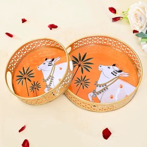 Pot en métal Pichwai de qualité supérieure avec plateau, design traditionnel, style élégant, récipient de rangement décoratif, décoration d'intérieur, article cadeau - Product Image 6