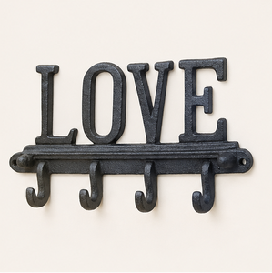 Decorative Love Sign Wall Mounted Key Holder Heavy Duty Cast Iron 4-<b>Hook</b> Rack For Entryway Rust-Resistant Matte Black Hanger - Product Image 1