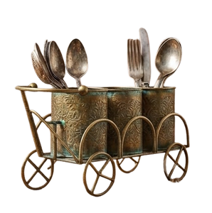 Porta Cubiertos Metálico Vintage con Ruedas, Diseño de Carrito, Organizador de Utensilios de Cocina con 3 Compartimentos - Product Image 2
