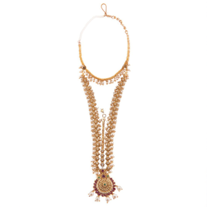 Cultural Collectible Women's Wedding Three-Layered Matte Maang Tikka with Pearls Gold Plated Alloy Jewelry Set - Product Image 2