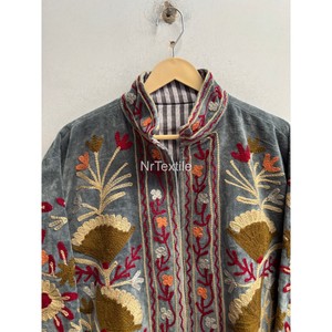 Handmade Embroidered Quilted Velvet Bomber Jacket Women's Winter <b>Coat</b> with Inside Cotton Lining Full Sleeve Two Side Pockets - Product Image 2