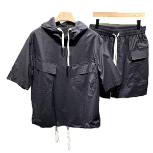 <b>Men</b> Hooded Short Sleeve <b>Shirt</b> Jacket Solid Color Polyester Casual <b>Winter</b> Wear Breathable Loose Fit Front Pocket Design - Product Image 2