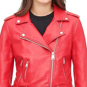 Veste en cuir véritable rouge pour femme, style moto, manches longues, fermeture éclair, col rabattu, style automne, veste en cuir classique pour femme - Product Image 3