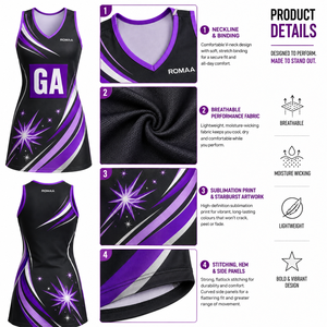 Vestido de Netball Personalizado para Mujer, Sublimado, Negro, Morado, Lila y Blanco, Sin Mangas, Cuello en V, Uniforme de Equipo con Panel de Posicionamiento - Product Image 2