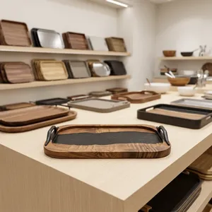 Plateau rectangulaire en bois et résine de luxe, avec poignées noires, design minimaliste, vaisselle de cuisine durable au meilleur prix - Product Image 2