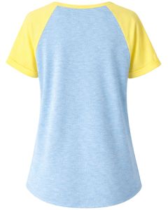 T-shirt pour femme bleu ciel et jaune, manches courtes, col Henley, tee-shirt raglan en coton doux, décontracté, respirant, confortable, pour l'été et le quotidien - Product Image 2