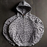 En Kaliteli Erkek Leopar Desenli Fermuarlı Kapüşonlu Üst, Büyük Beden Sokak Modası Kapüşonlu Sweatshirt, Pamuk Karışımlı Kapüşonlu Üst, Günlük Kışlık Giyim