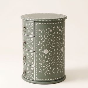 Table de chevet ronde de luxe en nacre vert sauge avec 4 tiroirs, motif floral, armoire de chevet faite à la main, meubles anciens - Product Image 4