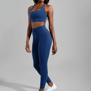 Leggings bleus unis à taille haute et longueur intégrale de la marque Run Apparel, sans couture, avec taille élastique, évacuation de l'humidité, en spandex et nylon - Product Image 4